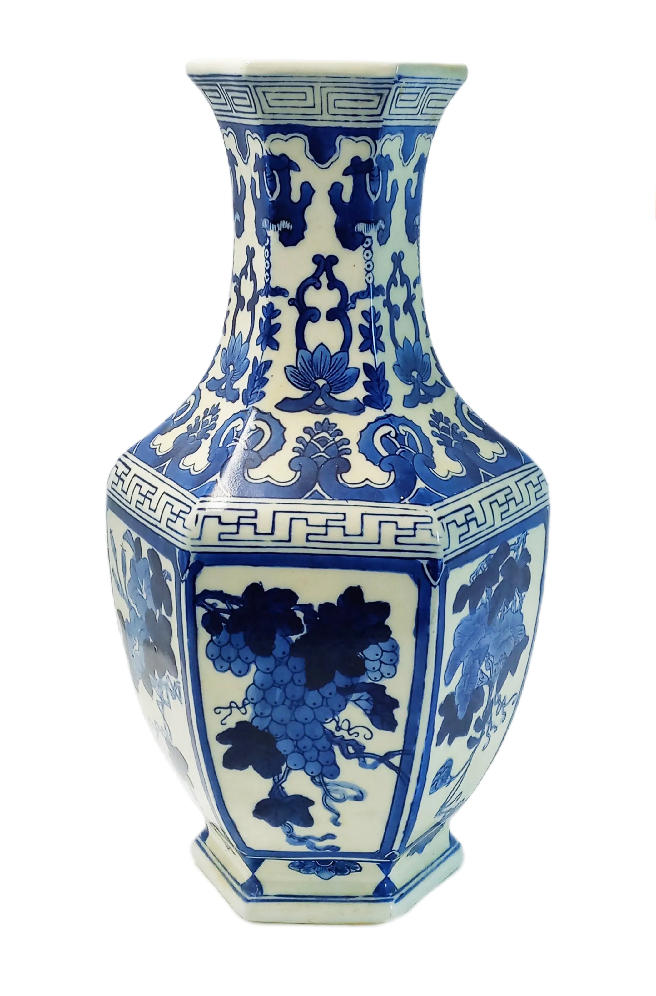 Large Antique Chinese Blue on White Hexagon Porcelain Vase